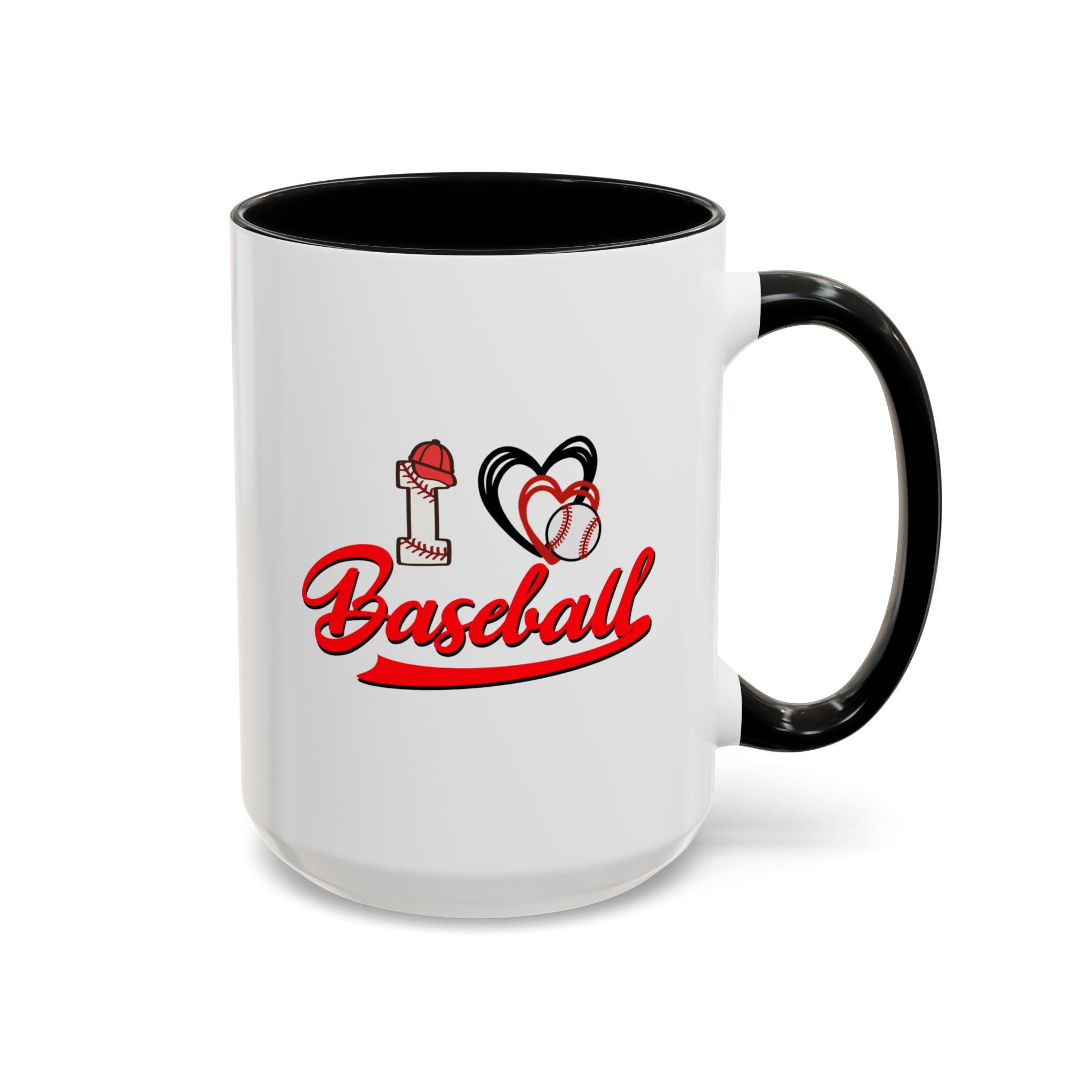 15oz white ceramic I Love Baseball mug with black handle and interior Right handed view