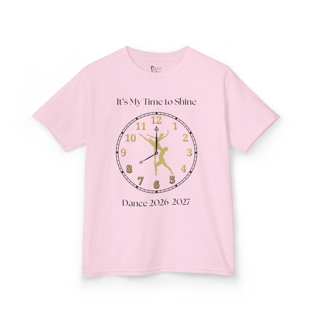 Front view of a youth Gildan 5000B heavy cotton t-shirt in light pink with a Ballet Couple 2026-2027 design