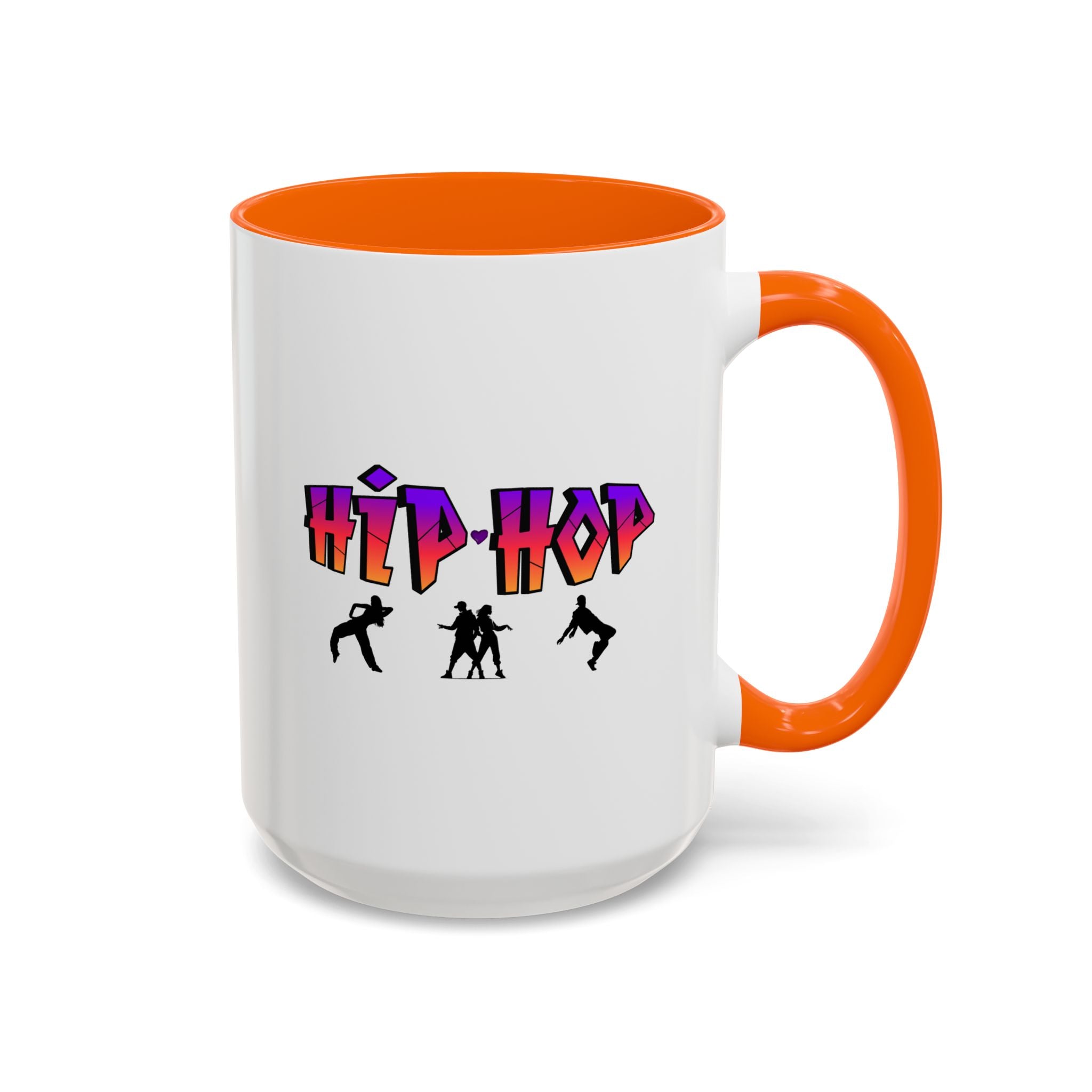 15oz white ceramic Hip Hop Dance mug with orange handle and interior Right handed view