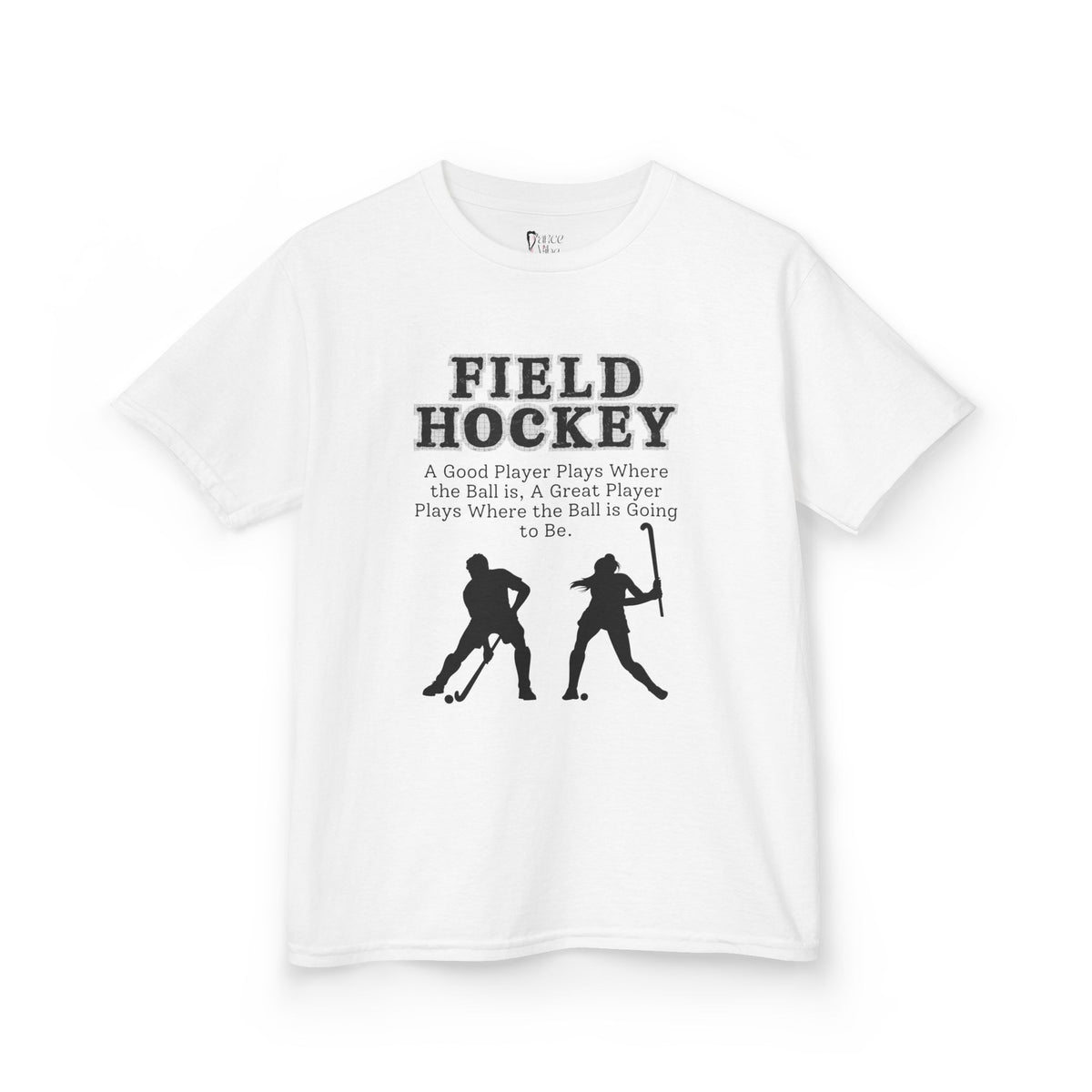 Front view of a youth Gildan 5000B heavy cotton t-shirt in white with a Field Hockey text and graphic