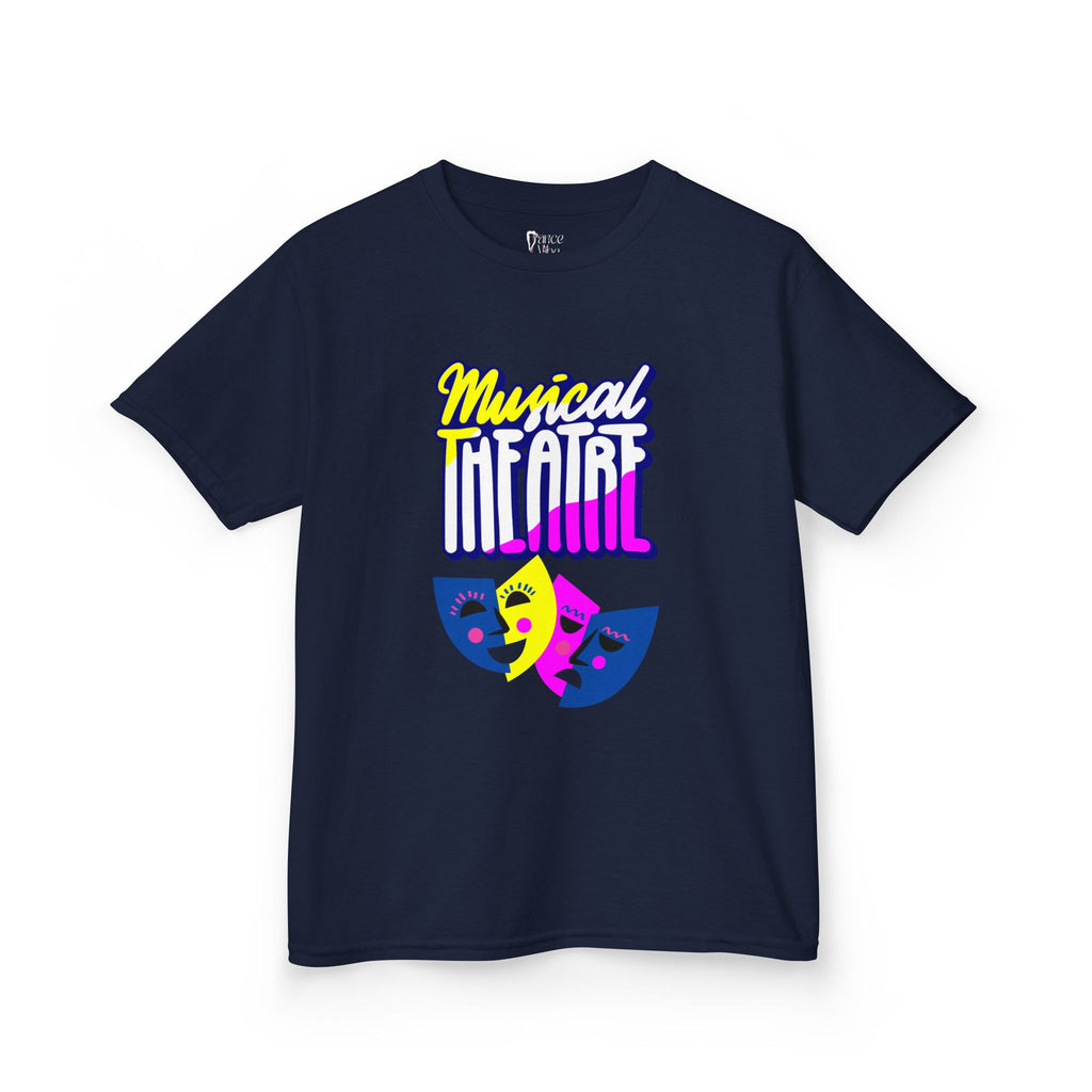 Front view of a youth Gildan 5000B heavy cotton t-shirt in navy with a Musical Theater rainbow mask graphic