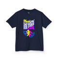 Front view of a youth Gildan 5000B heavy cotton t-shirt in navy with a Musical Theater rainbow mask graphic