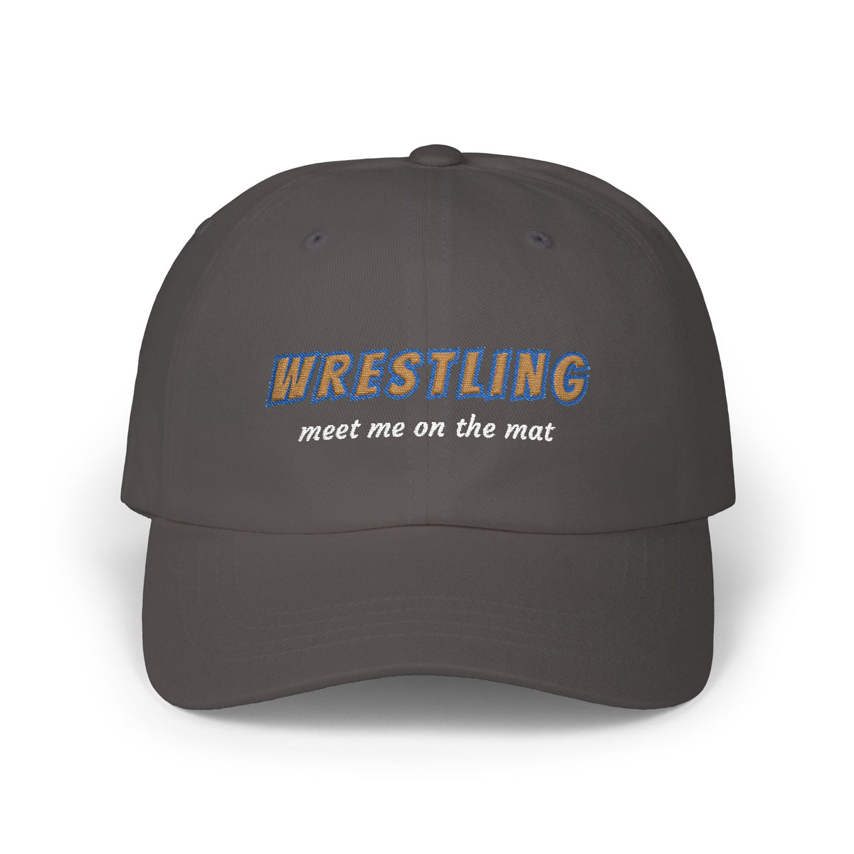 Dark grey cap with an embroidered Wrestling Meet Me On The Mat text.