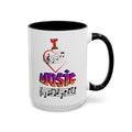 15oz white ceramic I Love Music mug with black handle and interior Right handed view