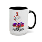 15oz white ceramic I Love Music mug with black handle and interior Right handed view