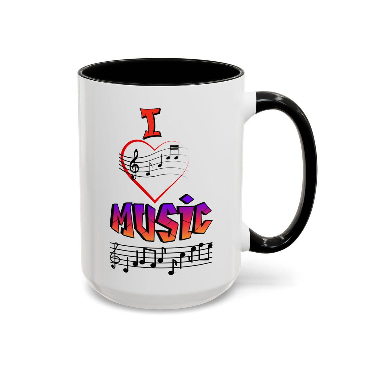 15oz white ceramic I Love Music mug with black handle and interior Right handed view