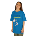 Young girl wearing a youth Gildan 5000B heavy cotton t-shirt in sapphire with a Tennis text and graphic