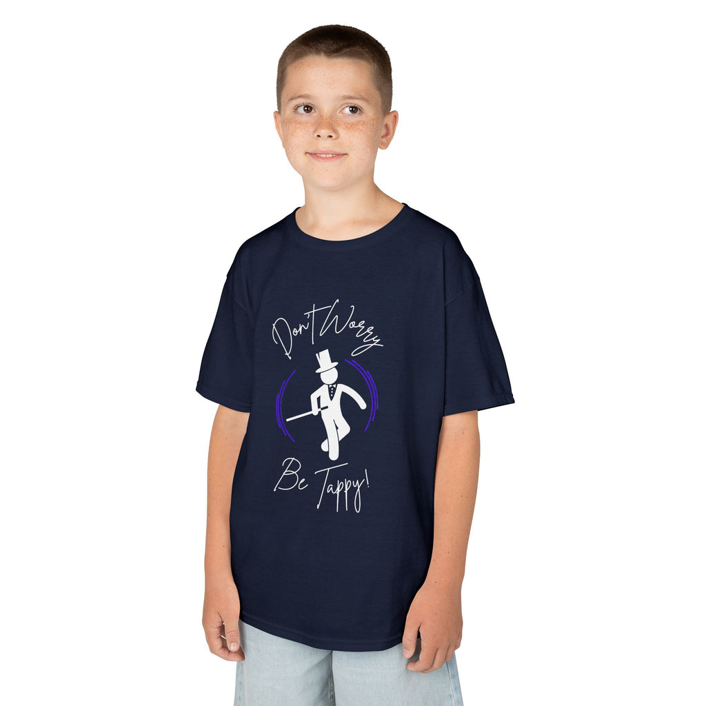 Front view of a youth Gildan 5000B heavy cotton t-shirt in navy with a Don't Worry Be Tappy Tap theme