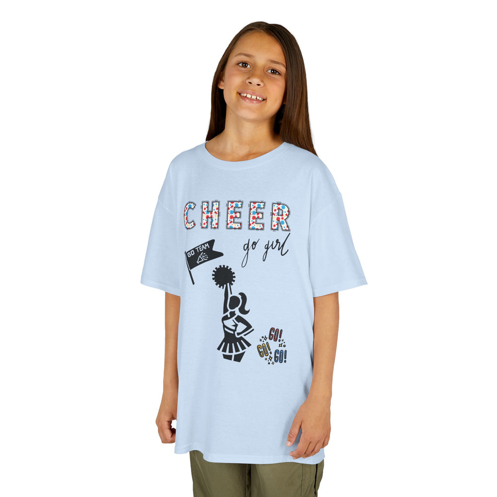 Young girl wearing a youth Gildan 5000B heavy cotton t-shirt in light blue with a Cheerleader theme