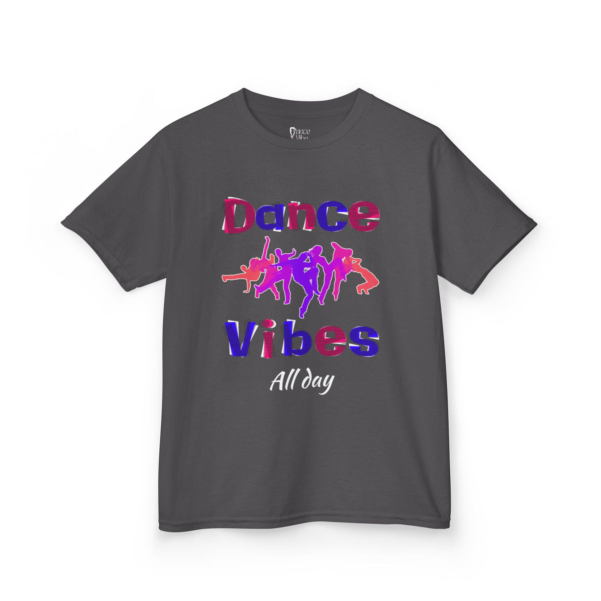 Front view of a youth Gildan 5000B heavy cotton t-shirt in charcoal with a Dance Vibes All Day text and graphic