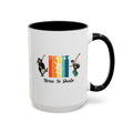 15oz white ceramic Born to Skate Skateboarding mug with black handle and interior Right handed view