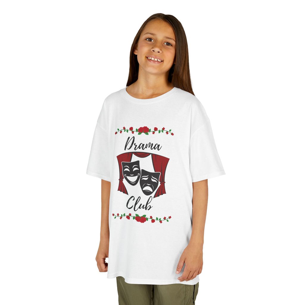 Young girl wearing a youth Gildan 5000B heavy cotton t-shirt in white with a Drama Club text and graphic 