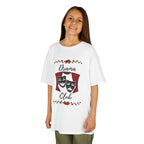 Young girl wearing a youth Gildan 5000B heavy cotton t-shirt in white with a Drama Club text and graphic 