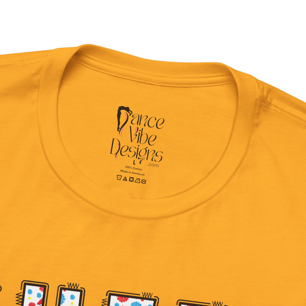 Close-up of a t-shirt's inner neck label with the brand Dance Vibe Designs printed above the care instructions.
