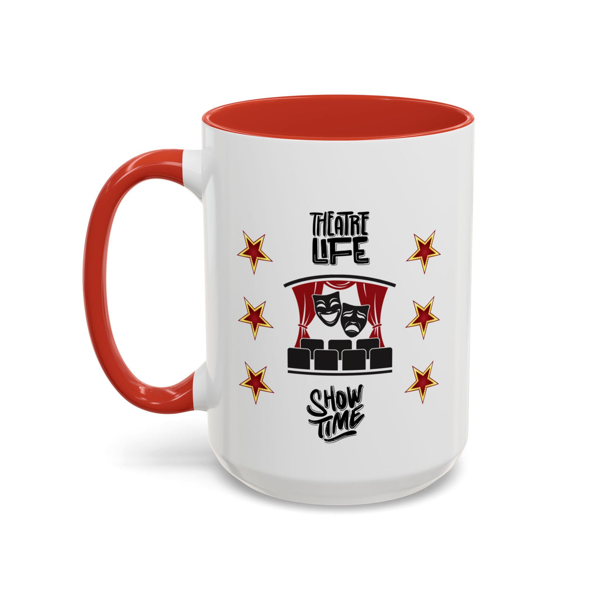15oz white ceramic Theatre Showtime mug with red handle and interior Left handed view