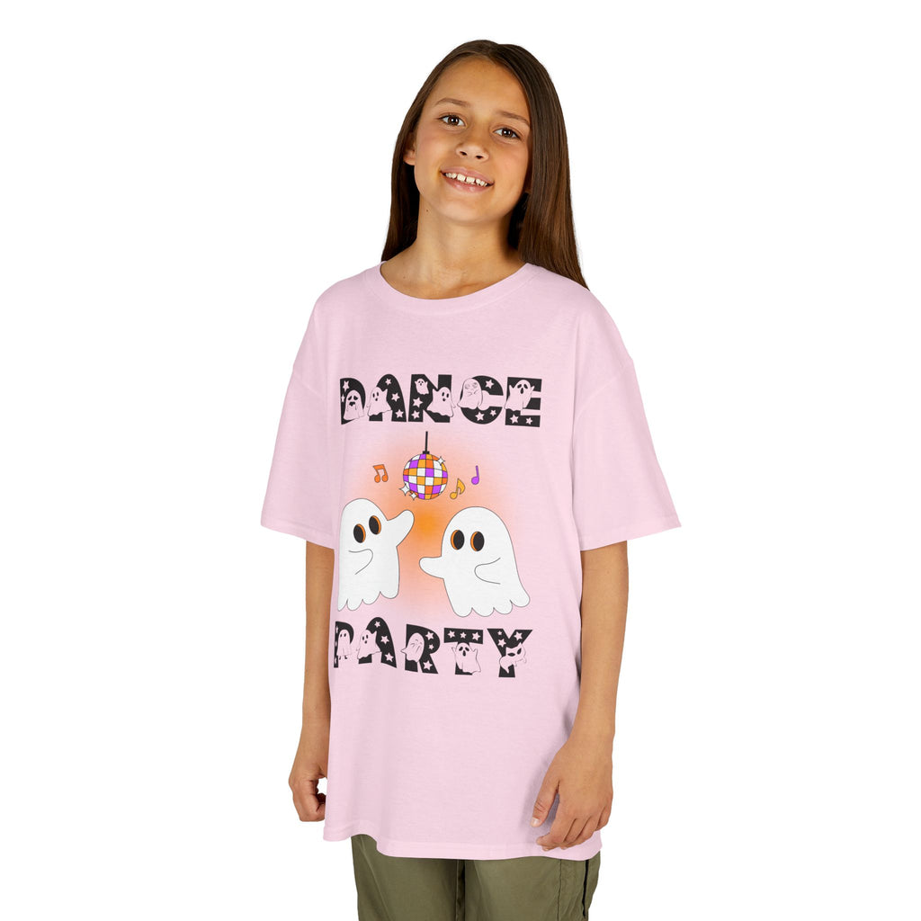 Young girl wearing a youth Gildan 5000B heavy cotton t-shirt in light pink with a Halloween Dance Party theme