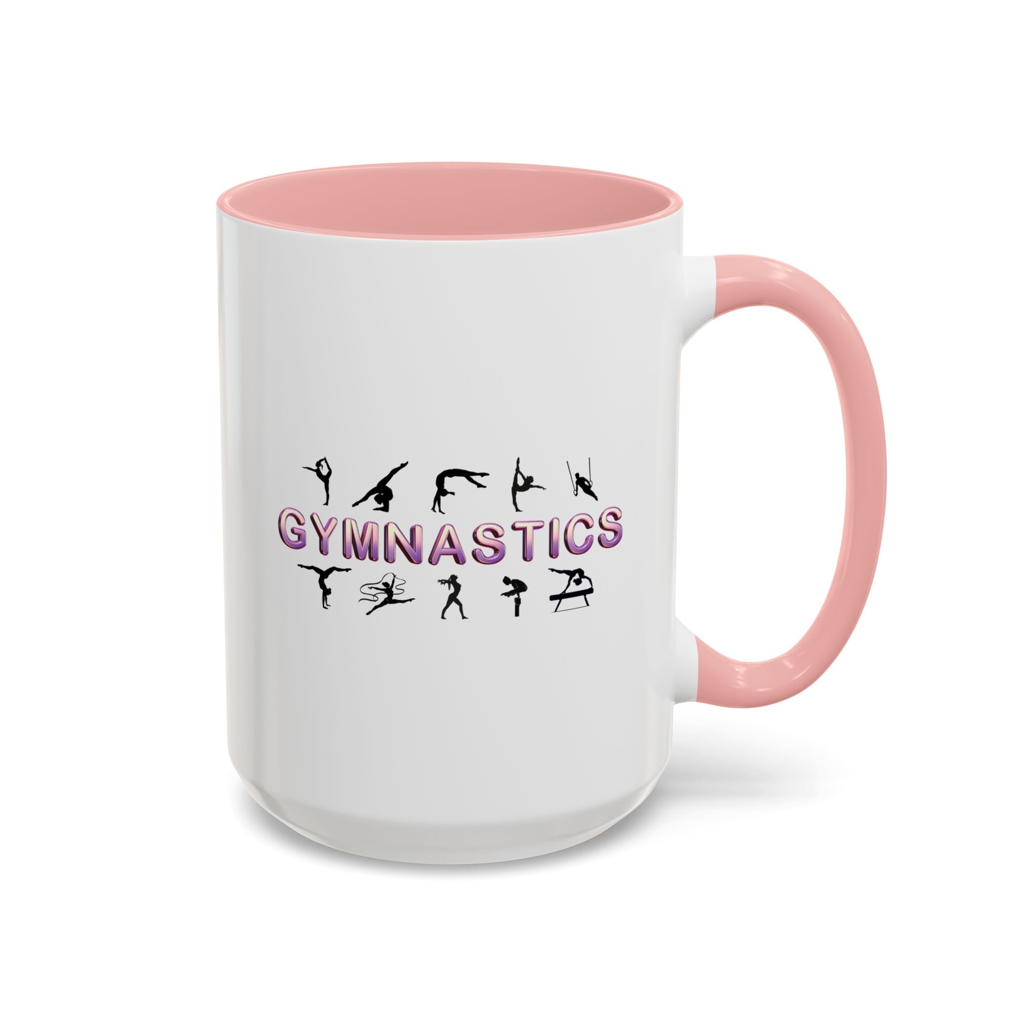 15oz white ceramic Gymnastics mug with pink handle and interior Right handed view