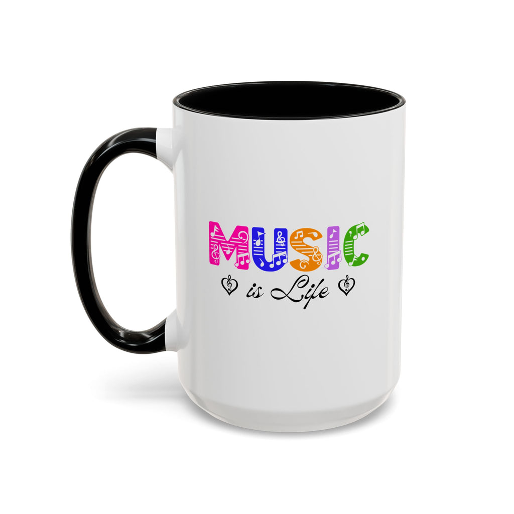 15oz white ceramic Rainbow Music is Life mug with black handle and interior Left handed view