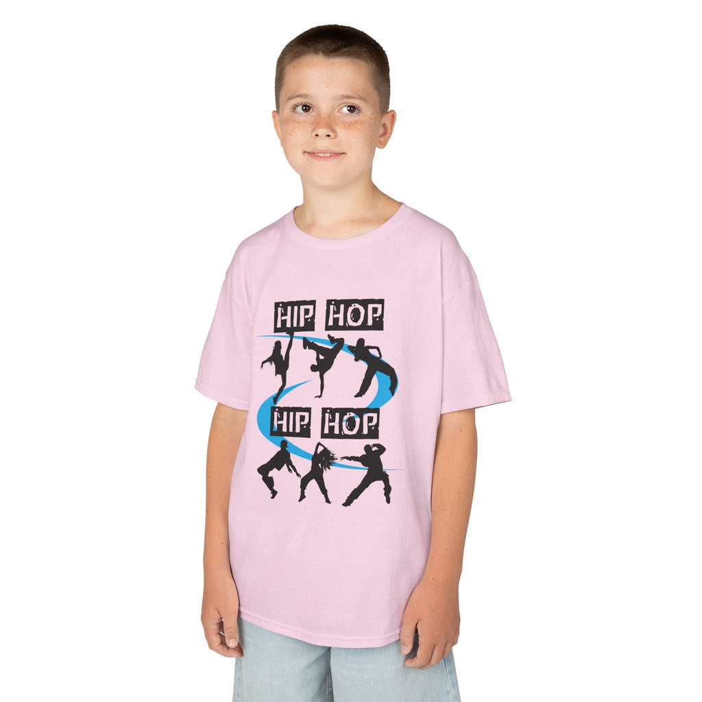 Young boy wearing a youth Gildan 5000B heavy cotton t-shirt in light pink with a Hip Hop text and dancers