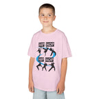 Young boy wearing a youth Gildan 5000B heavy cotton t-shirt in light pink with a Hip Hop text and dancers