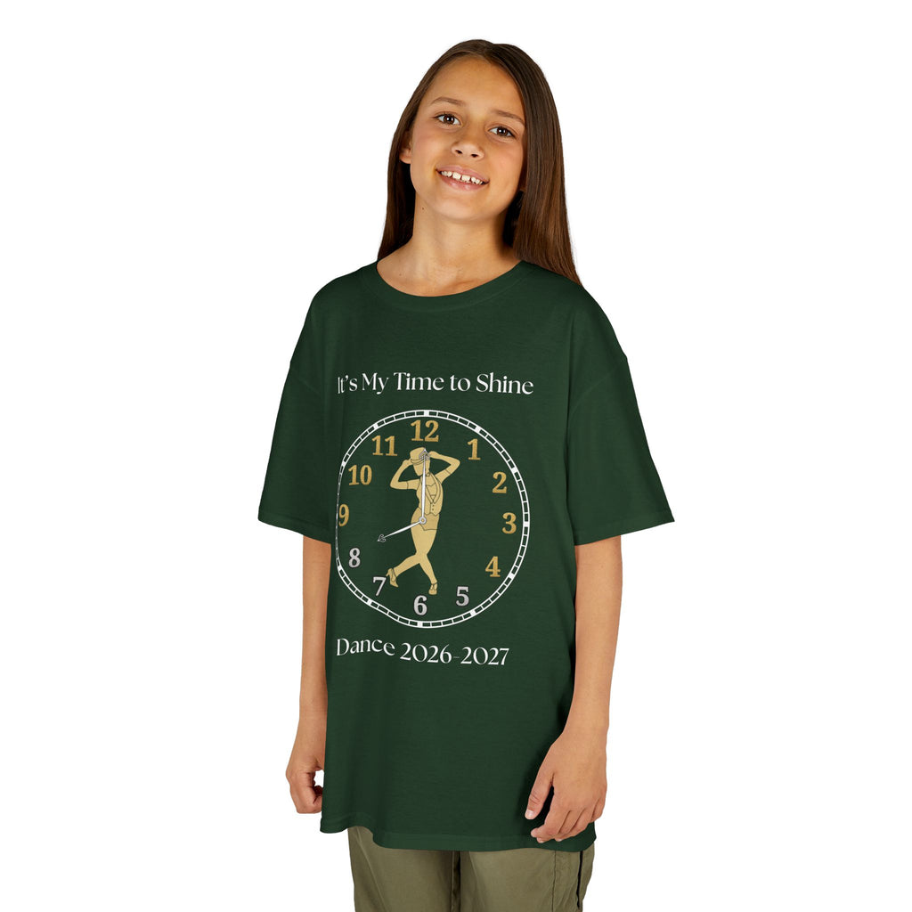 Young girl wearing a youth Gildan 5000B heavy cotton t-shirt in forest with a Female Broadway Dancer 2026-2027 design