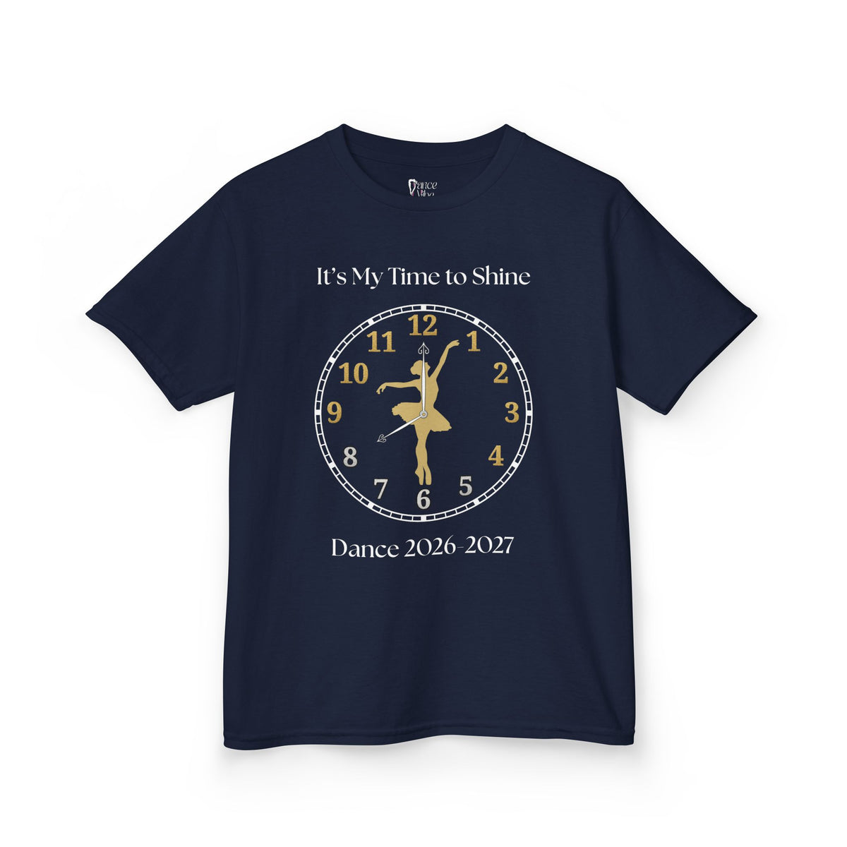 Front view of a youth Gildan 5000B heavy cotton t-shirt in navy with a Ballet Dance 2026-2027 design