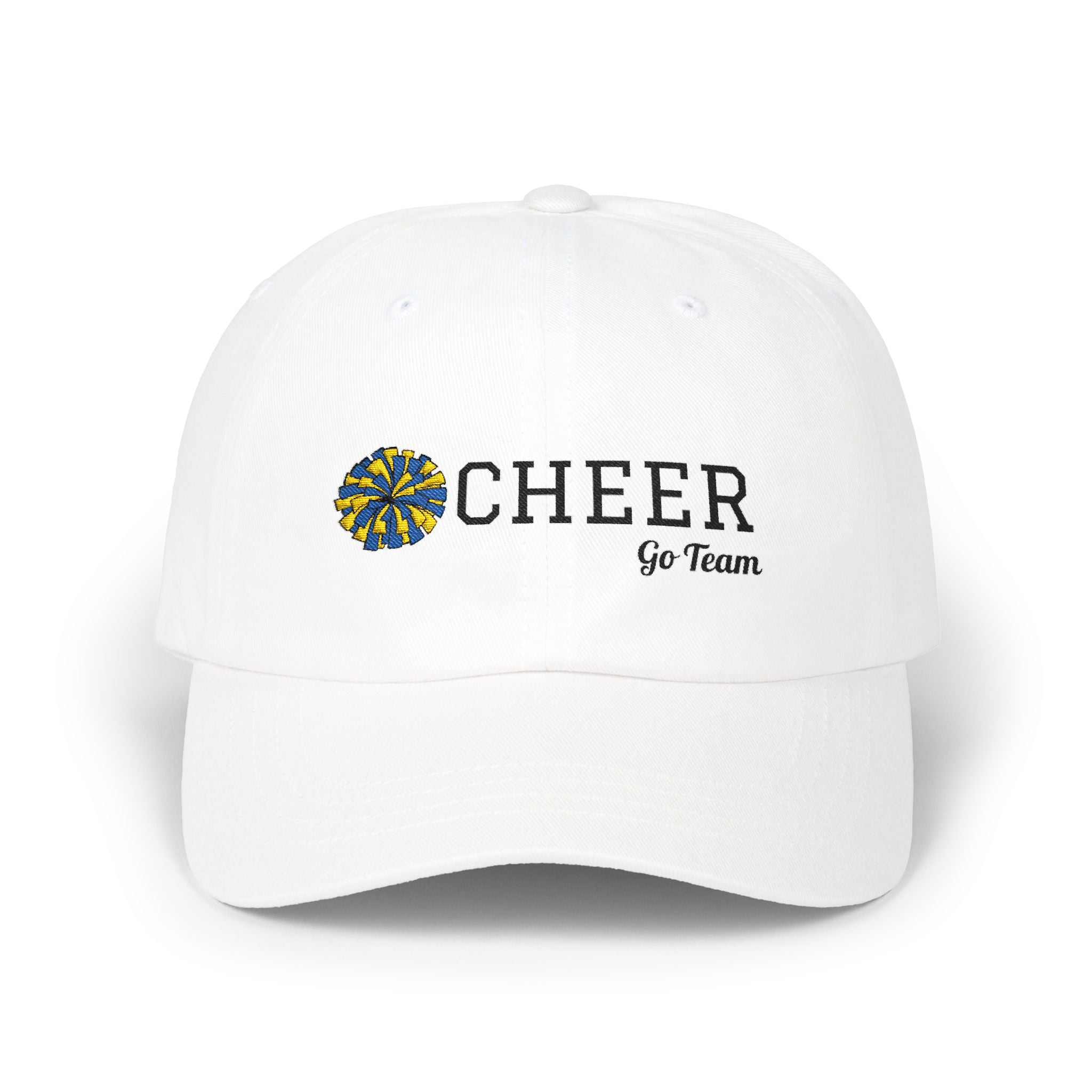 White embroidered classic dad cap hat with a Cheer text and graphic Front view