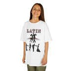 Young girl wearing a youth Gildan 5000B heavy cotton t-shirt in white with a Latin Dance Couples theme