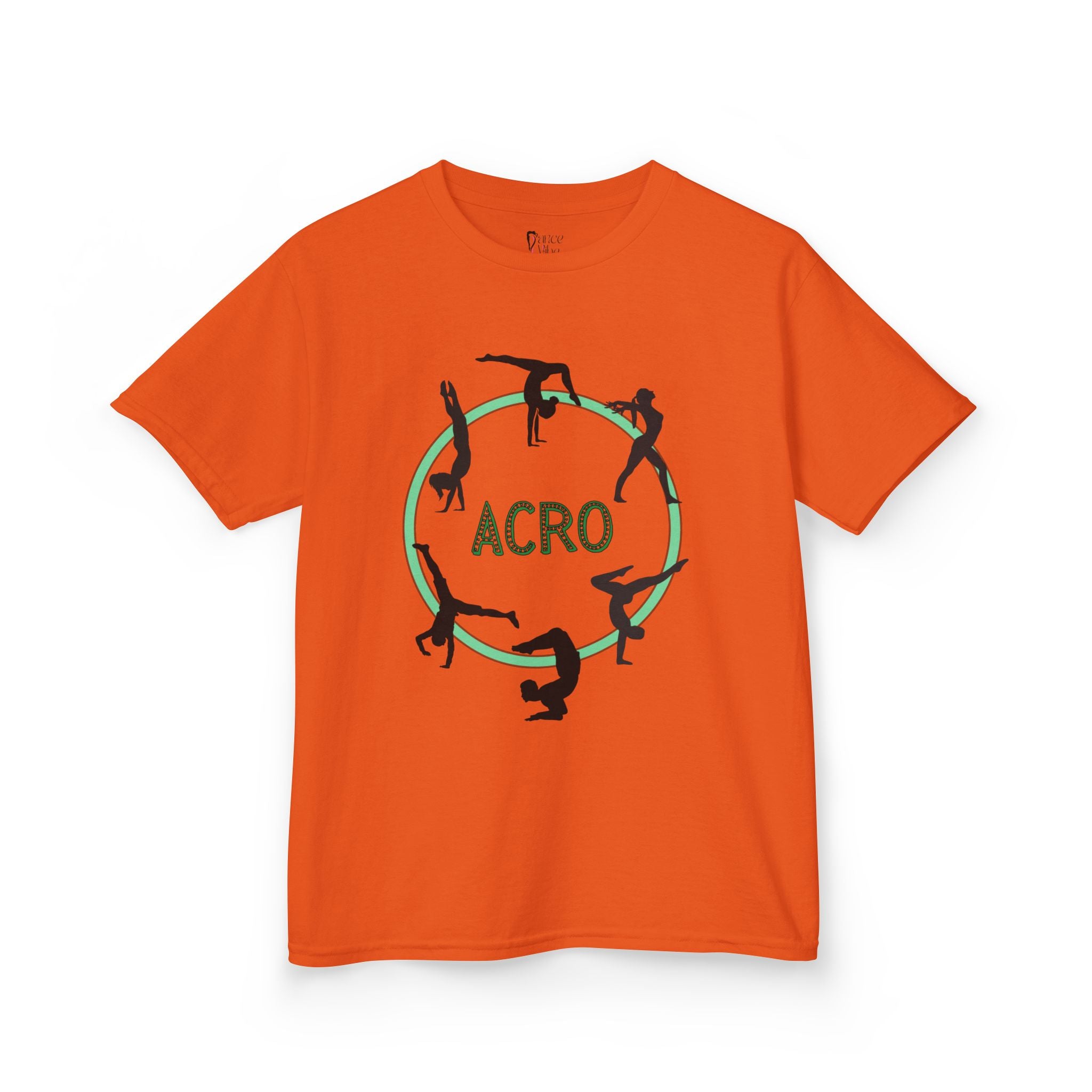 Front view of a youth Gildan 5000B heavy cotton t-shirt in orange with an Acro Gymnastics theme