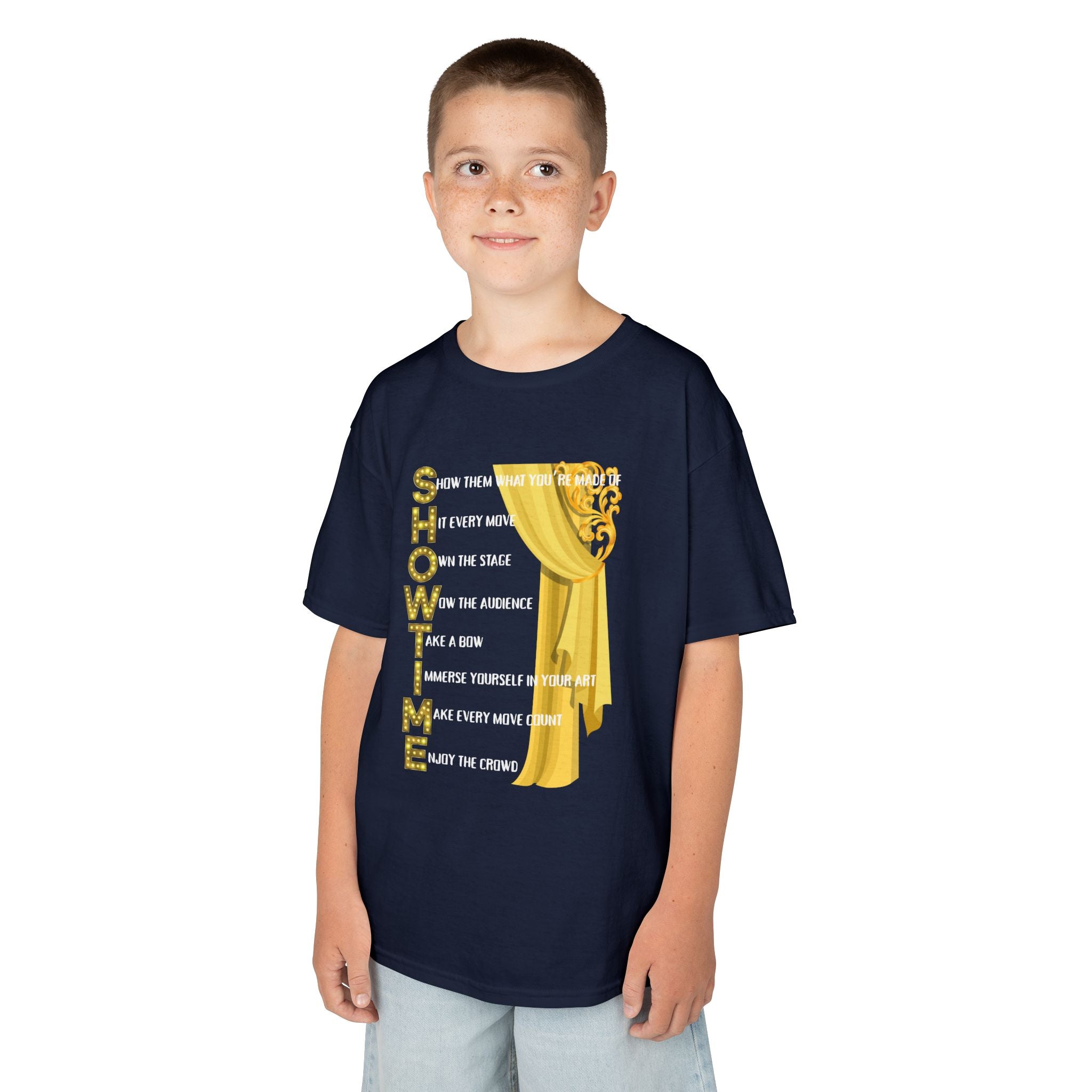 Young boy wearing a youth Gildan 5000B heavy cotton t-shirt in navy with a Showtime text and graphic 