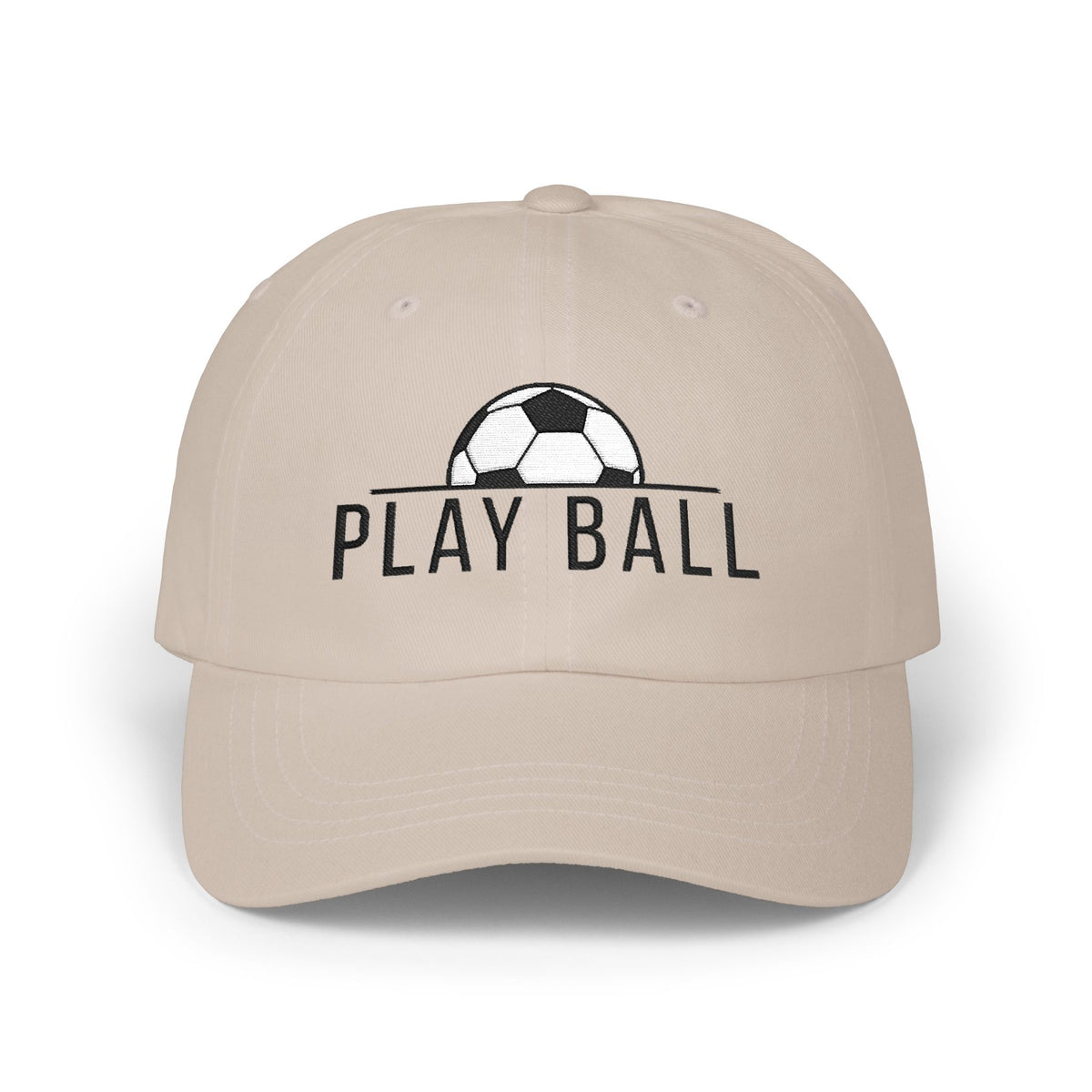 Stone cap with an embroidered soccer ball and Play Ball text on the front.