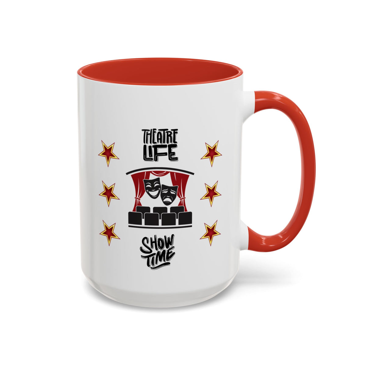 15oz white ceramic Theatre Showtime mug with red handle and interior Right handed view