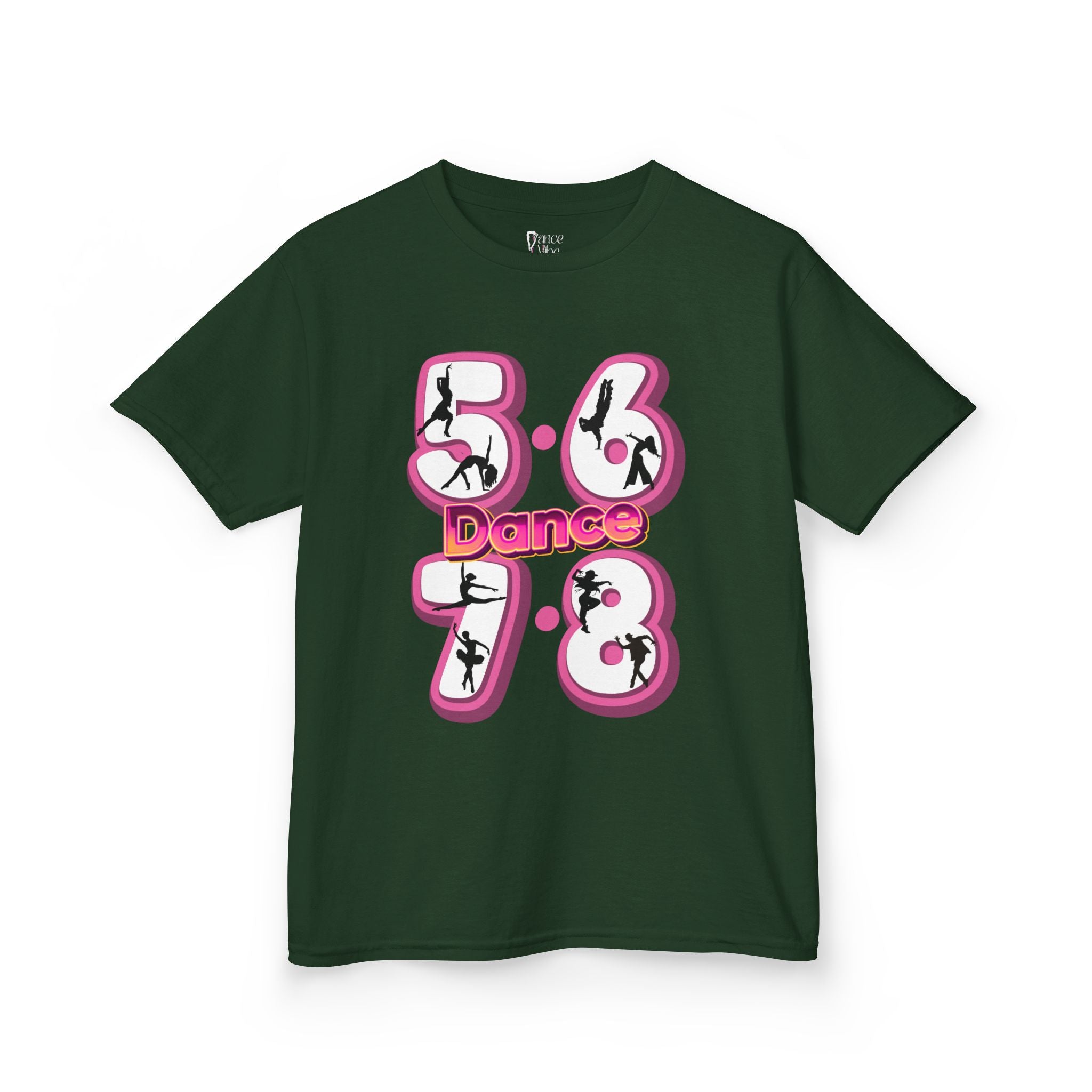 Front view of a youth Gildan 5000B heavy cotton t-shirt in forest green with a 5678 Dance text and graphic