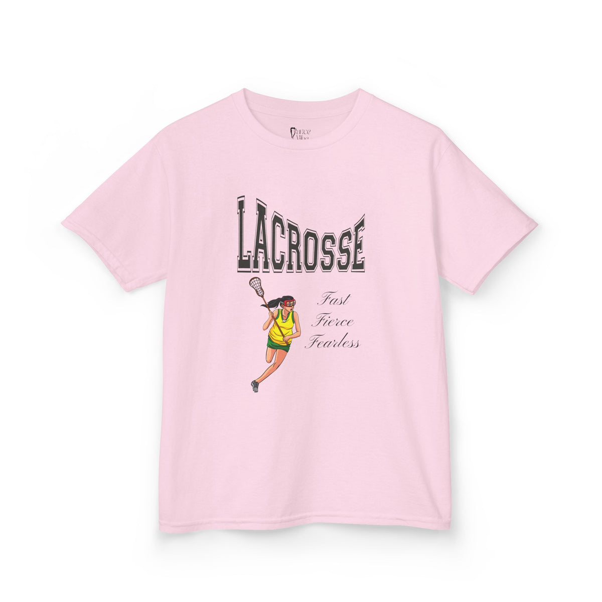 Front view of a youth Gildan 5000B heavy cotton t-shirt in light pink with a Girls Lacrosse theme