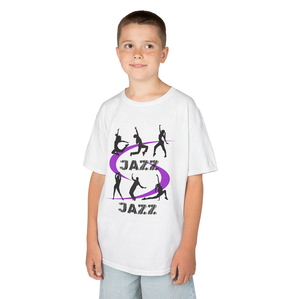 Young boy wearing a youth Gildan 5000B heavy cotton t-shirt in white with a Jazz Dance text and graphic