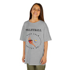 Young girl wearing a youth Gildan 5000B heavy cotton t-shirt in sport grey featuring a girl playing Volleyball