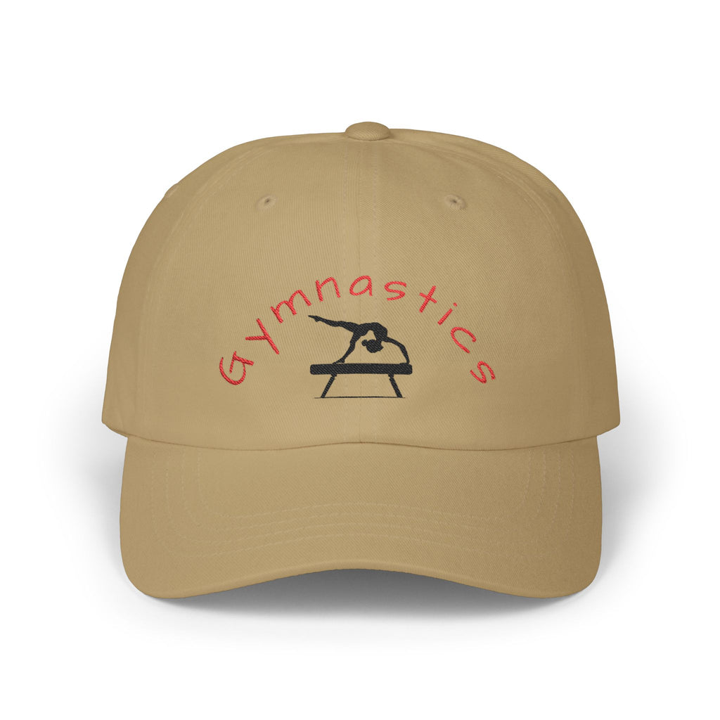 Khaki embroidered classic dad cap hat with a Gymnastics text and graphic Front view