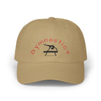 Khaki embroidered classic dad cap hat with a Gymnastics text and graphic Front view