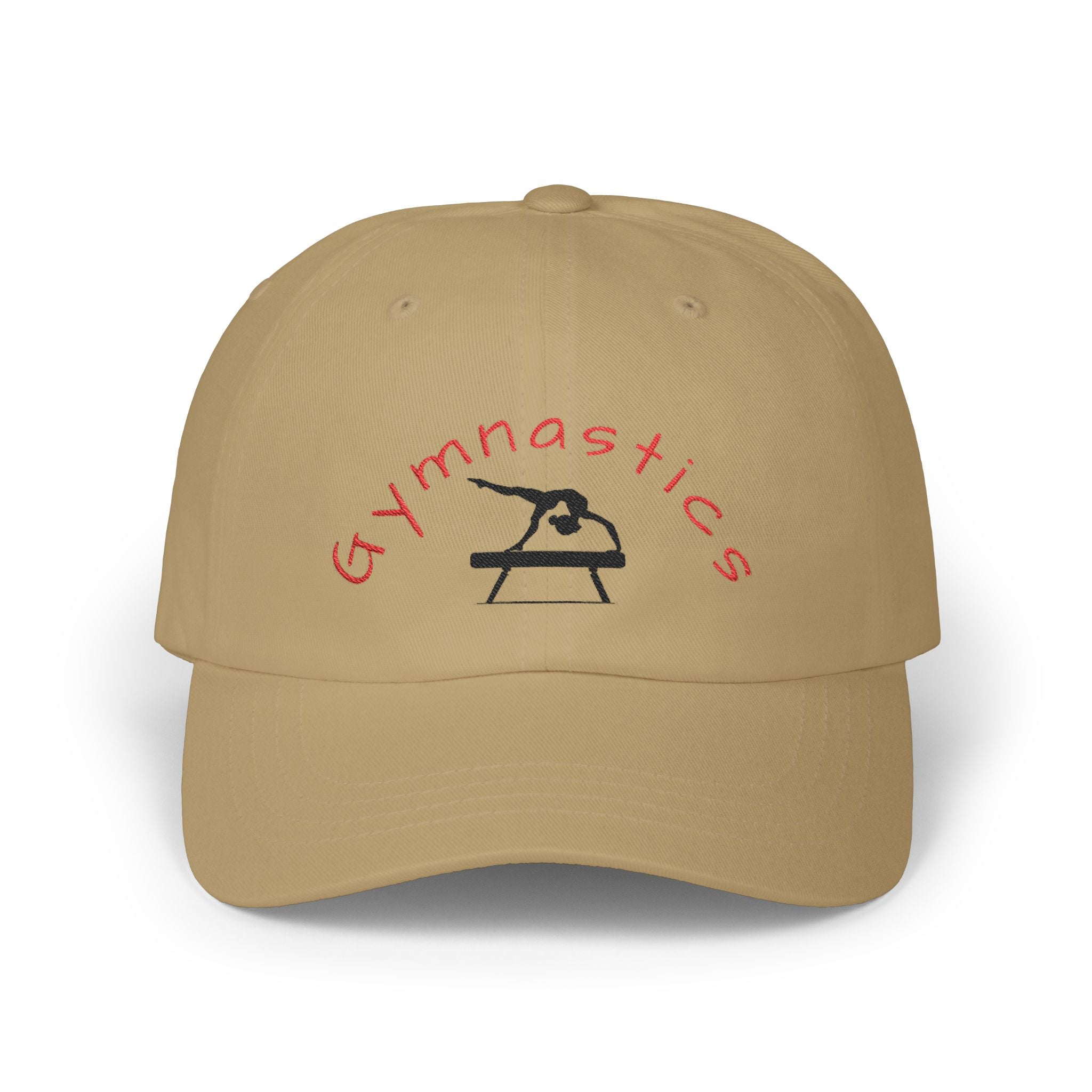 Khaki embroidered classic dad cap hat with a Gymnastics text and graphic Front view