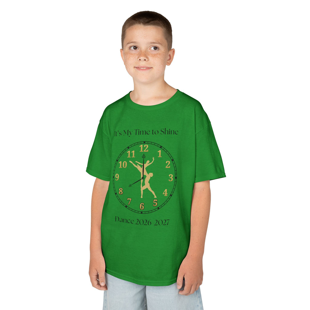 Young boy wearing a youth Gildan 5000B heavy cotton t-shirt in irish green with a Ballet Couple 2026-2027 design