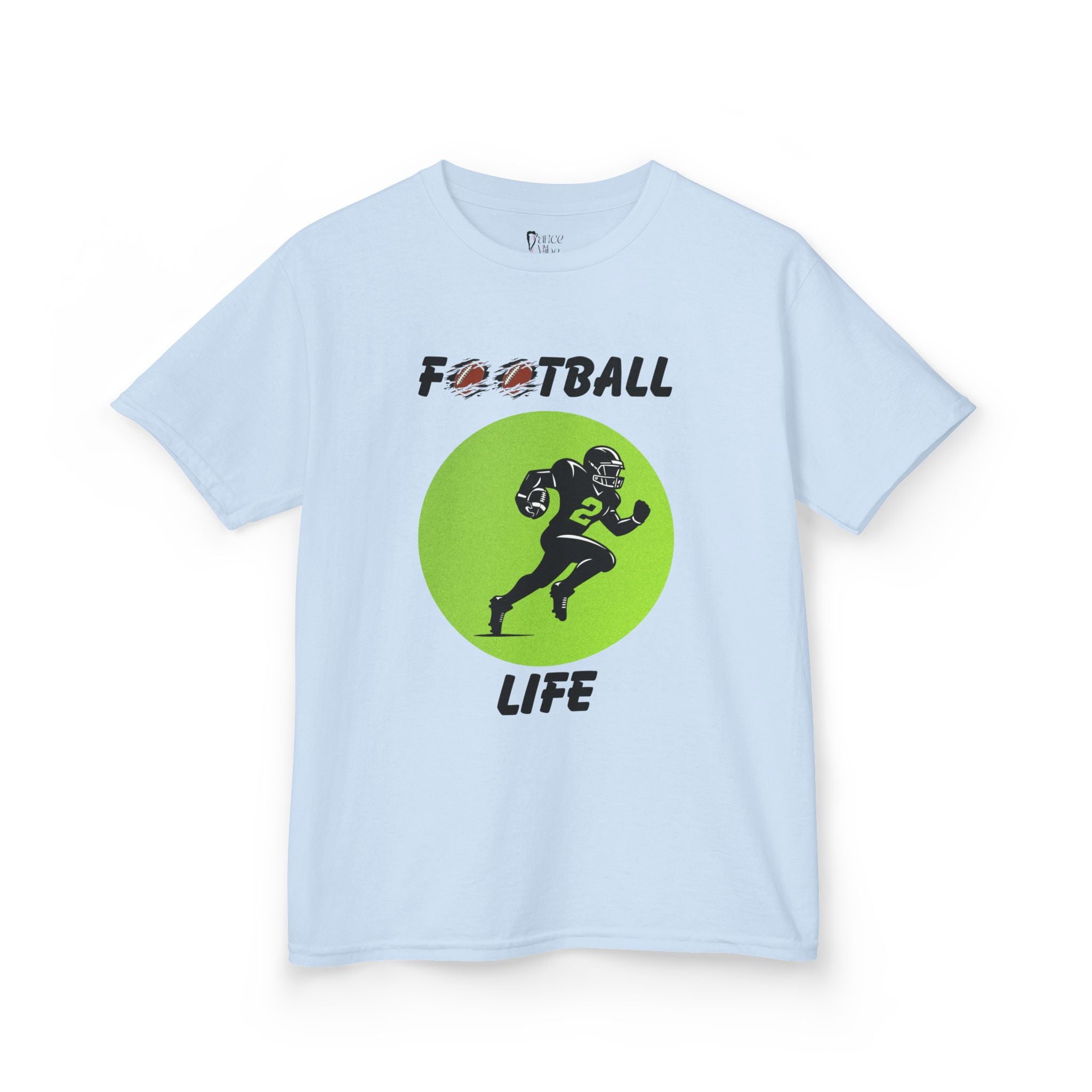 Front view of a youth Gildan 5000B heavy cotton t-shirt in light blue with a Football Life text and graphic