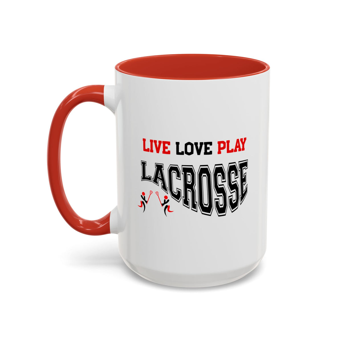 15oz white ceramic Lacrosse mug with red handle and interior Left handed view