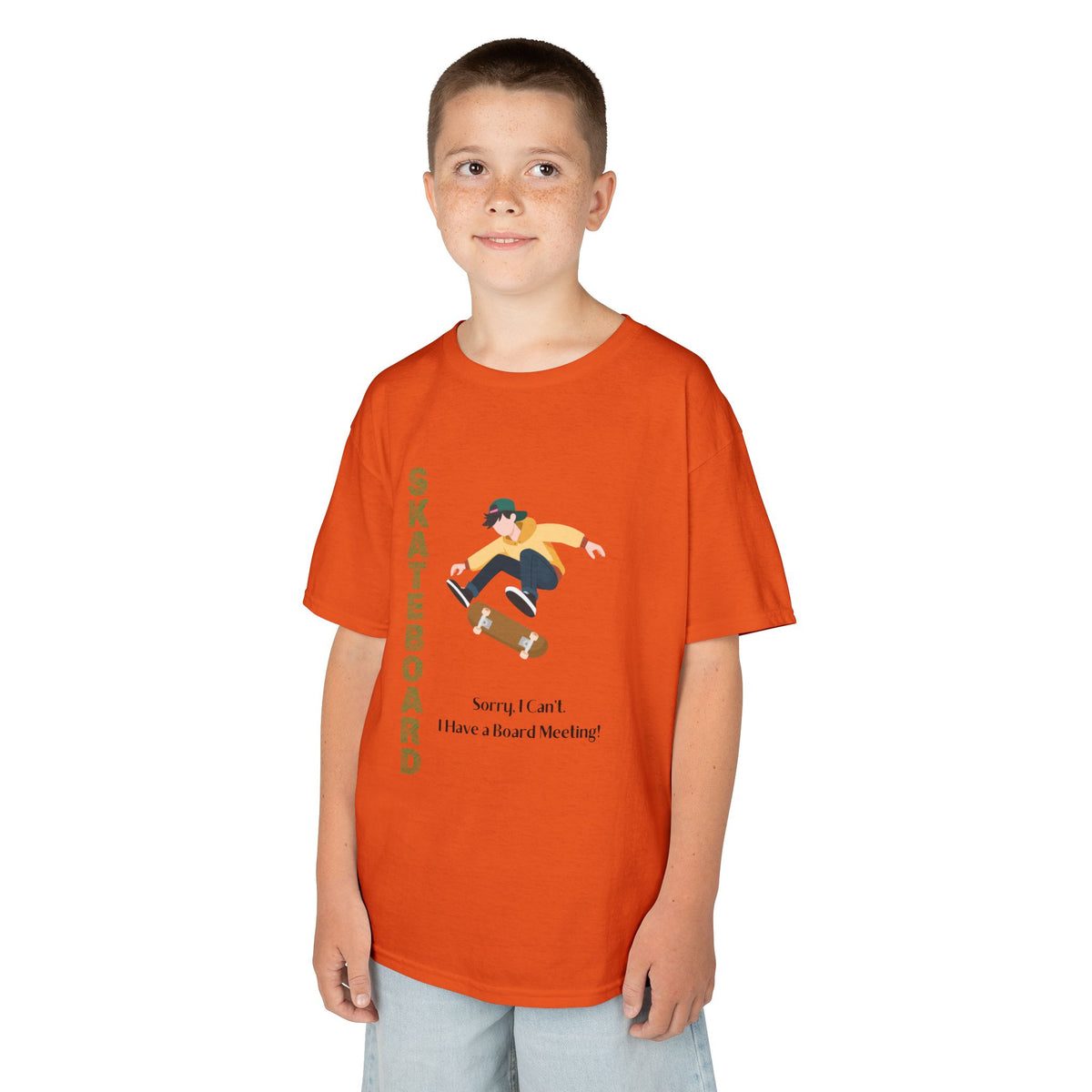 Young boy wearing a youth Gildan 5000B heavy cotton t-shirt in orange featuring a boy Skateboarding
