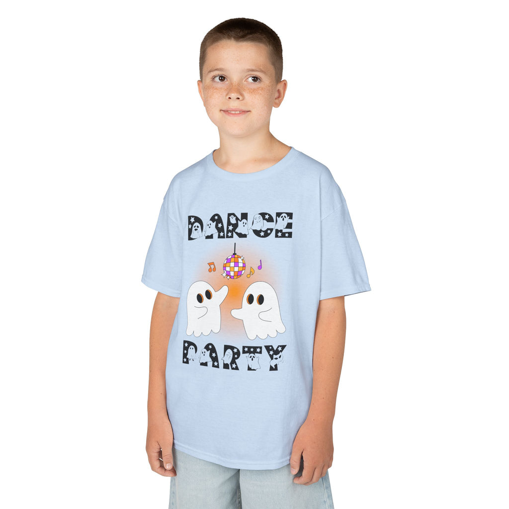 Young boy wearing a youth Gildan 5000B heavy cotton t-shirt in light blue with a Halloween Dance Party theme