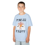 Young boy wearing a youth Gildan 5000B heavy cotton t-shirt in light blue with a Halloween Dance Party theme