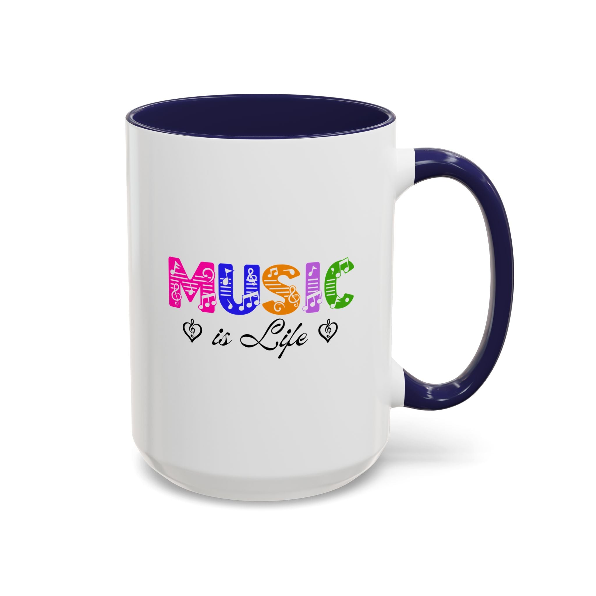 15oz white ceramic Rainbow Music is Life mug with navy handle and interior Right handed view