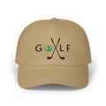 Khaki embroidered classic dad cap hat with a Golf text and graphic Front view