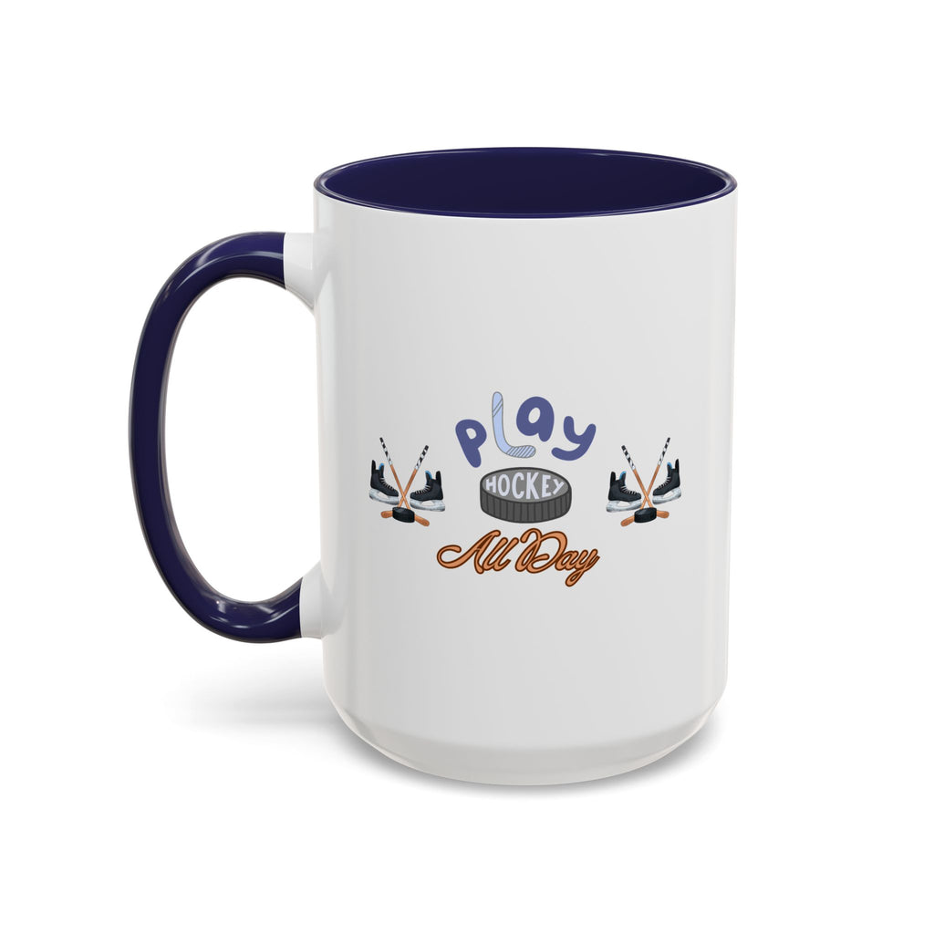 15oz white ceramic Ice Hockey Play All Day mug with navy handle and interior Left handed view