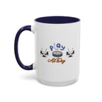 15oz white ceramic Ice Hockey Play All Day mug with navy handle and interior Left handed view