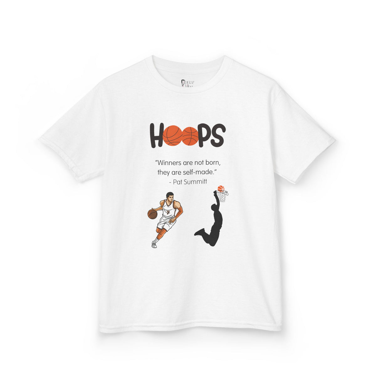 Front view of a youth Gildan 5000B heavy cotton t-shirt in white with a Boys Basketball theme